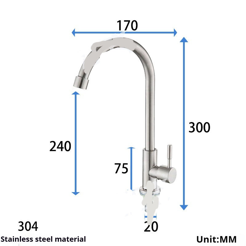 304 Stainless Steel Kitchen Faucet Large Curved Faucet Stainless Steel Sink Flat Tee Faucet