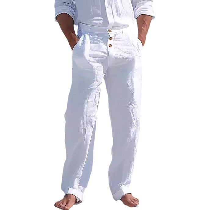 Front Pocket Straight Pure Color Comfort Breathable Men's Linen Pants Trousers
